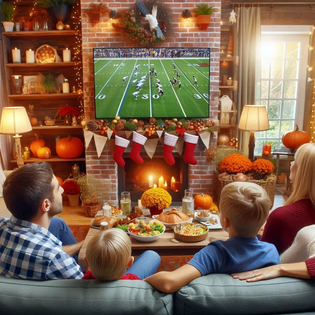  Imagem de uma sala de estar com uma família assistindo a um jogo de futebol americano, em um ambiente de Ação de Graças